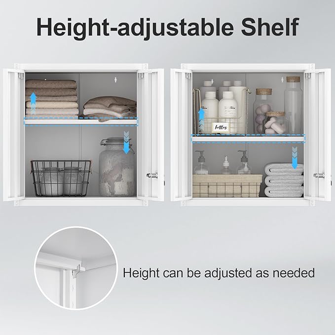 Metal Storage Cabinet with Lock, Kitchen Cabinets Wall Mounted, Steel Wall Cabinet with Doors and Shelves, Hanging Cabinet for Laundry, Pantry, Home Office, White