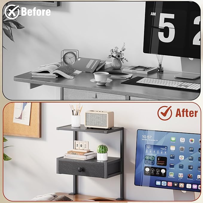 VENNQD Clamp On Desk Shelf, 2-Tier Desktop Organizer, Wood Desktop Supplies Tabletop Book Storage Rack with Adjustable Shelves for Table Working and Gaming Accessories, Black
