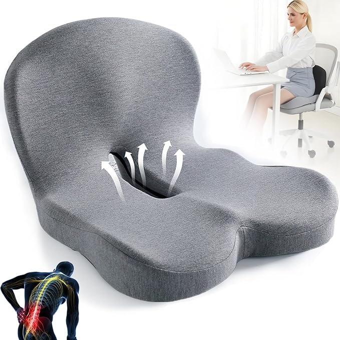 Ergonomic Memory Foam Seat and Back Cushion Set with L Shaped Lumbar Support Non Slip Breathable and Machine Washable for Car Office Chair Wheelchair or Home Use (Gray)