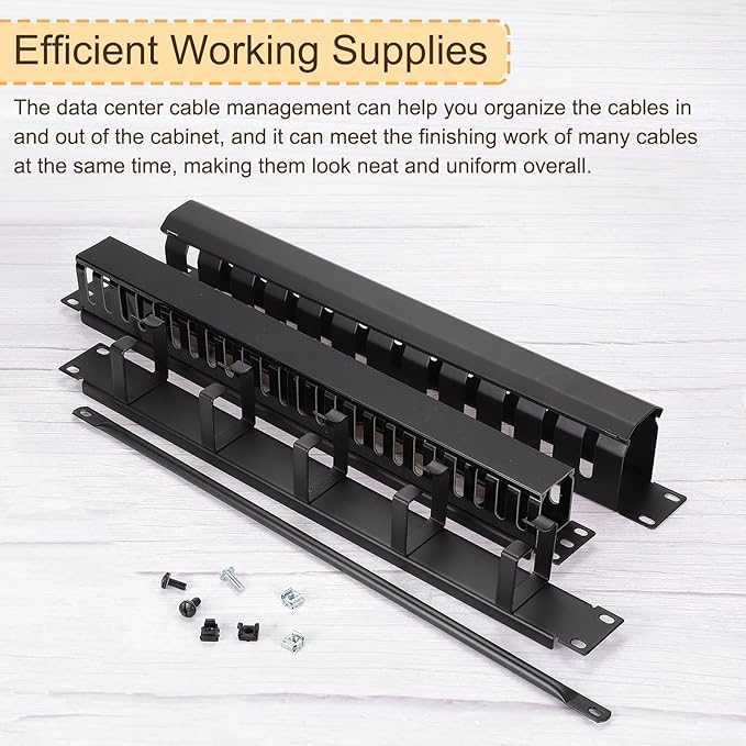 PATIKIL 1U 19 Inch Cable Manager, 2 Pack 24 Slot Horizontal Rack Mount Wire Management Metal Finger Duct Wire Organizer for Network Cabinet, Black