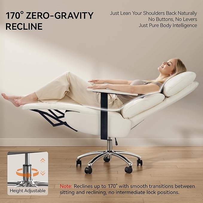 OKUP Reclining Office Chair with Adjustable Headrest and Footrest, 170° Comfortable Office Chair Zero Gravity, Leather Ergonomic Executive Home Office Desk Chair (Cream)
