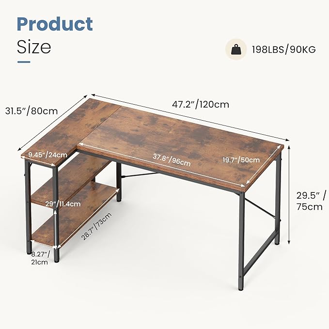 DUMOS 48 Inch L Shaped Desk Corner Computer Gaming Desks Home Office PC Table for Writing Working Study Bedroom with Reversible Storage Shelves, Rustic Brown