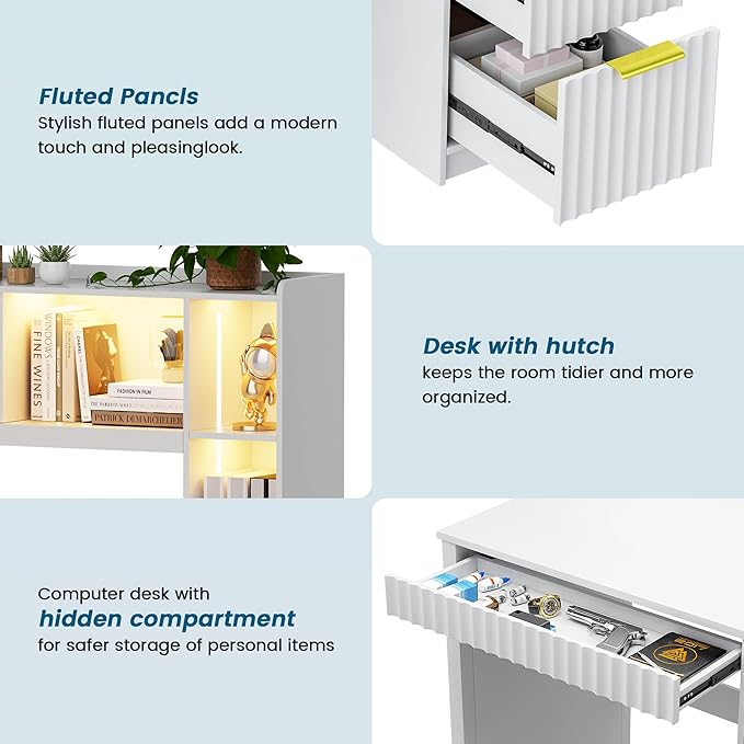 WOOVIVS Home Office Desk with Hutch & LED Lights - 39" Computer Desk with Charging Station, 3 Large Drawers, Hidden Compartment & Fluted Panel Design,White Writing Desk for Bedroom, Study