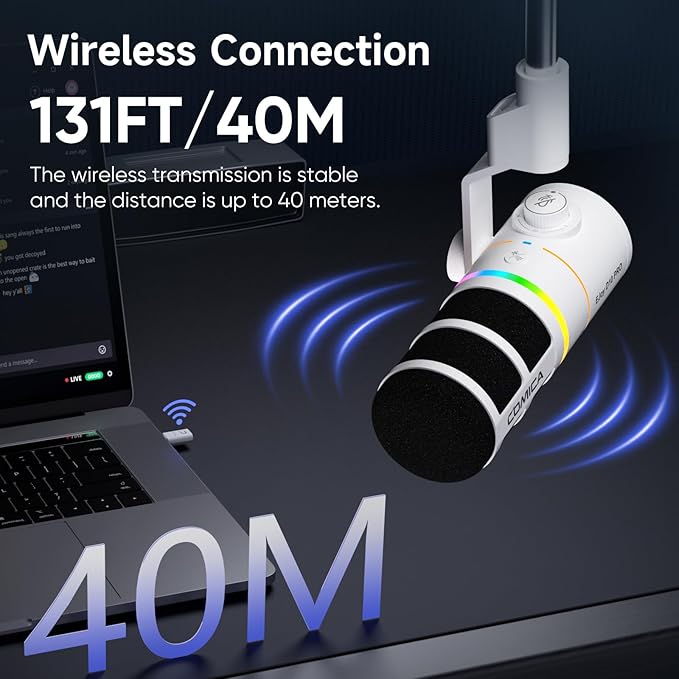 EJoy D10 PRO(D) COMBO Dual-Channel Wireless USB Gaming Microphone – RGB Dynamic Mic with Wired/Wireless Modes, XLR/USB-C, Real-Time Monitoring, Studio Mic for Streaming, Podcast, Recording (White)