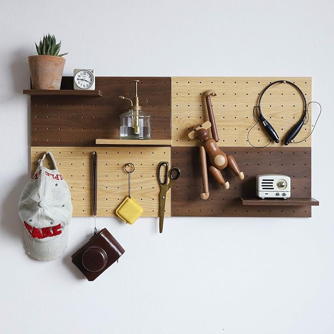 Wooden Pegboard, Sturdy Peg Board for WallsModular Grid Organizer, DlY Storage and Display Panels withShelves and Brass Hooks(Color:Oak)