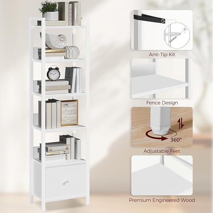 MAHANCRIS Bookshelf, 6-Tier Bookcase with Drawer, Small Book Shelf for Small Space, Storage Shelf Organizer, for Living Room, Bedroom, Study, Kitchen, White BKWT66101
