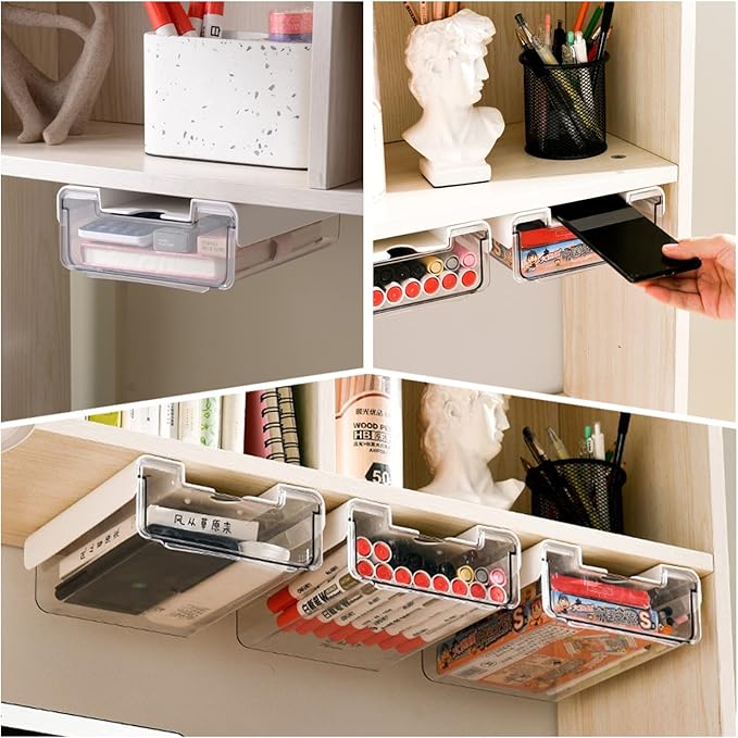RHBLME 5 Pack Under Desk Drawer, Under Shelf Drawers Slide Out Self-Adhesive Standing Desk Drawer Attachment, Plastic Workspace Organizers for Office Home School