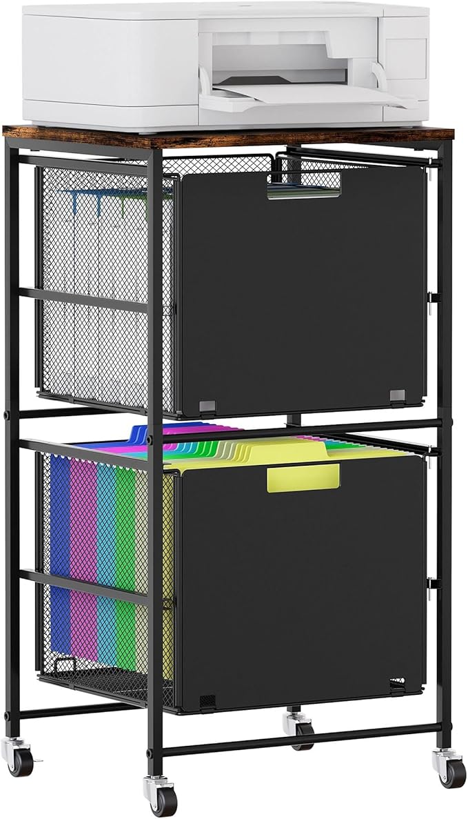 EasyPAG Rolling Storage Cart with 2 Drawers, Under Desk File Cabinet on Lockable Wheels, Movable Letter Size Hanging File Folder Organizer with Wooden Printer Stand for Home Office, Black