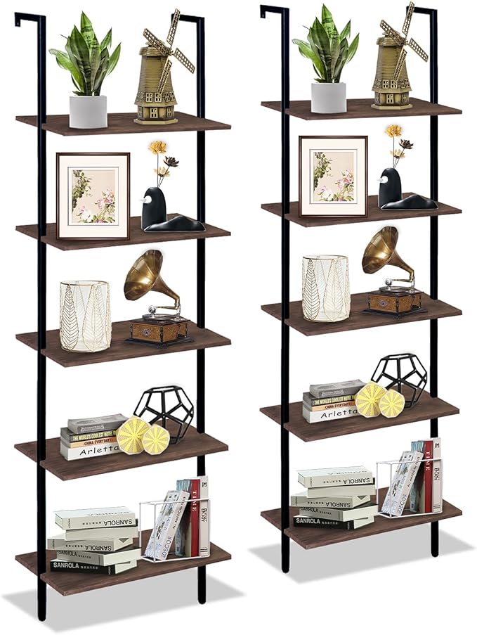 Wolawu 5 Tiers Ladder Shelf 2-Piece Black Modern Tall Bookshelf Open Large Tall Wall Mount Storage Bookcase Standing Leaning Wall Shelves Industrial Decorative (Brown)