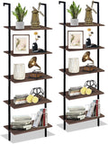 Wolawu 5 Tiers Ladder Shelf 2-Piece Black Modern Tall Bookshelf Open Large Tall Wall Mount Storage Bookcase Standing Leaning Wall Shelves Industrial Decorative (Brown)