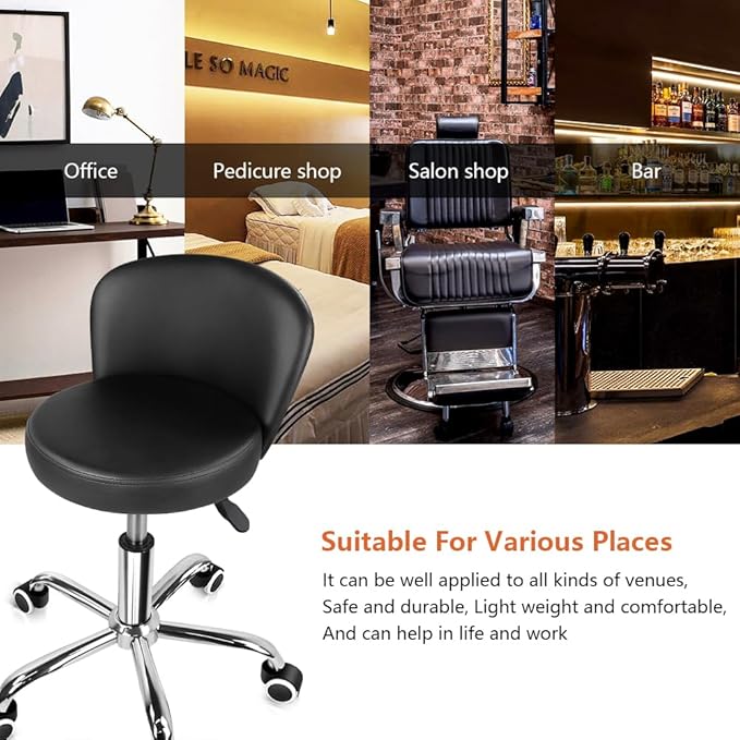 KKTONER Rolling Vanity Chair with Backrest Height Adjustable Office Chair PU Leather Swivel Drafting Stool with Wheels (Black)