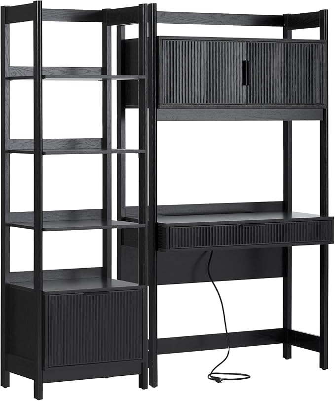 Walker Edison Transitional 2-Piece Hutch Desk with Narrow Bookcase, Reeded Drawer Fronts, Built-in outlets and USB Ports, Set of 2, Black