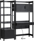 Walker Edison Transitional 2-Piece Hutch Desk with Narrow Bookcase, Reeded Drawer Fronts, Built-in outlets and USB Ports, Set of 2, Black