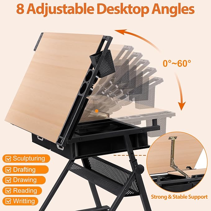 HomGarden Height Adjustable Drafting Desk Drawing Table Art Craft Work Station w/Stool, Power Outlet and Storage Drawers for Home Office Study Room, Natural
