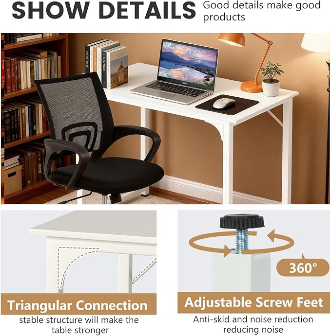 PayLessHere 32 Inch Home Office Desk and Chair Set,32 Inch Computer Desk with Ergonomic Height Adjustable Office Chair for Home Office,Pure White & Black