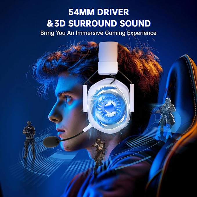 RYR Wireless Gaming Headset for Xbox Series X|S, Xbox One, PC, PS5/4, Mac, Mobile, Switch, 3D Surround Sound, Bluetooth 5.3, 60H Battery, Gaming Headphones with Detachable Noise Canceling Mic-White