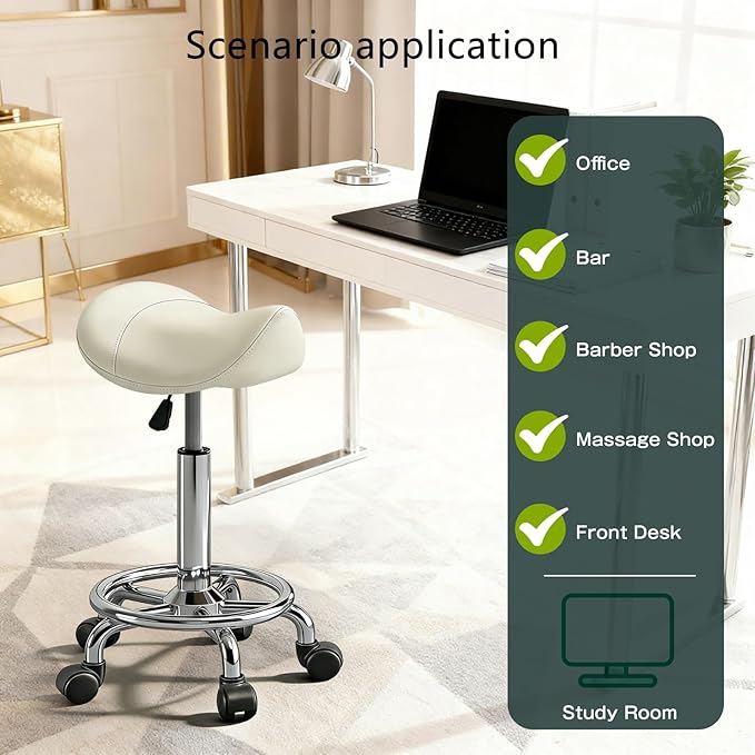 Saddle Stool, Adjustable Height Ergonomic Swivel Chair with Wheels, PU Leather Saddle Seat with Ring Pedal for Salon, Massage, Clinic, Lab, and Office