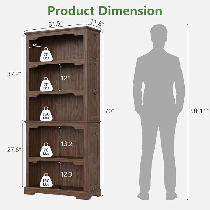 70 Inches Farmhouse Bookcase Bookshelf, Two-Tone Shelves, 5 Tier Bookshelf with Arched Trim, Home Office Living Room Storage Cabinet Unit, 31.5x11.8 Inches (Walnut, Open Shelf)