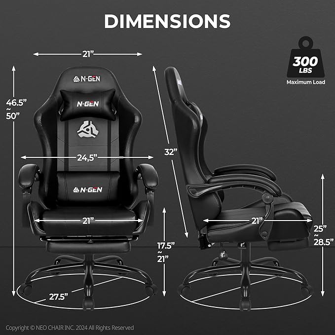 NEO CHAIR Video Gaming Chair with Footrest High Back Ergonomic Comfortable Office Computer Desk with Lumbar Support Height Adjustable with PU Leather Recliner for Adults Women Men (Black)