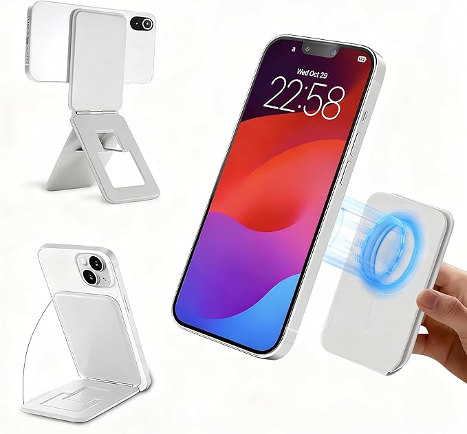 Magnetic Phone Stand, Compatible with All Smartphones 17/16/15/14/13/12 Series, Slim PU Leather Desk Stand with Angle Adjustment, Portable & Includes 1 Strong Magnetic Ring for Any Phone (White)