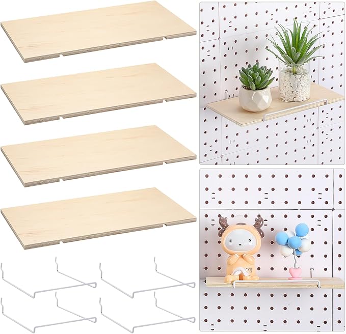 Wonderjune 4 Pcs Wooden Pegboard Shelves with Metal Pegboard Shelf Brackets Peg Board Display Storage Tray Wall Organizer Peg Board Accessories for Craft Room Home Kitchen(Brown,9.84 x 5 Inch)
