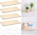 Wonderjune 4 Pcs Wooden Pegboard Shelves with Metal Pegboard Shelf Brackets Peg Board Display Storage Tray Wall Organizer Peg Board Accessories for Craft Room Home Kitchen(Brown,9.84 x 5 Inch)