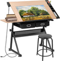 SUPER DEAL Drafting Table Set with Charging Station, Tilting Tabletop Adjustable Height Art Desk Multifunctional Craft Workstation with Stool, 2 Storage Drawers for Home Office School, Natural