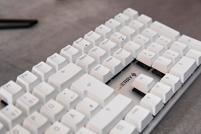 Cherry KC 200 MX, Wired Mechanical Office Keyboard, Modern Design with Elegant Aluminum Surface, USB-A Connection, MX2A Silent RED Switches, White/Silver