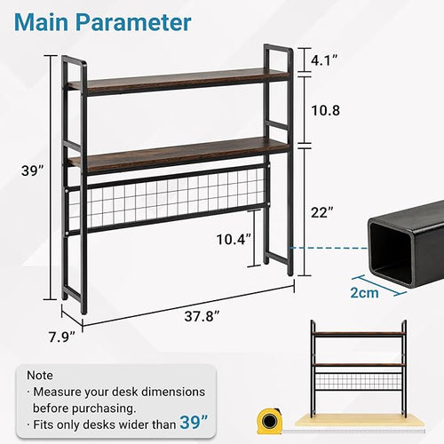 2 Tier Desktop Hutch Bookshelf, 39" Metal Dorm Desk Hutch with Grid Panel, Display Desk Shelf Bookcase Storage Organizer Rack for Dorm Home Office