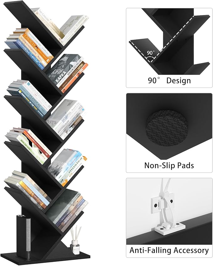 SHEEPAM 10 Tier Tree Book Shelf, Floor Standing Wood Bookshelf for Narrow Space, Storage Organizer Bookshelves for Books/CDs/Magazine, Bookcase with Shelves for Home Office, Living Room - Black