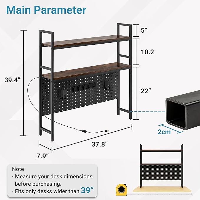 2 Tier Desktop Hutch Bookshelf with LED Light Strip, 39.4" Metal Dorm Desk Hutch with Pegboard Hooks Set, Display Desk Shelf Bookcase Storage Organizer Rack for Dorm Home Office