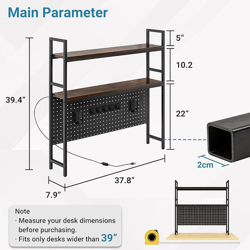 2 Tier Desktop Hutch Bookshelf with LED Light Strip, 39.4" Metal Dorm Desk Hutch with Pegboard Hooks Set, Display Desk Shelf Bookcase Storage Organizer Rack for Dorm Home Office