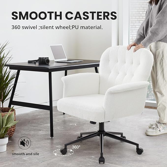 IWMH Home Office Desk Chair, Teddy Fabric Cozy Desk Chair with Wheels and Arms, Modern Upholstered High Back Wide Seat Vanity Chair for Bedroom Living Room Makeup (White)