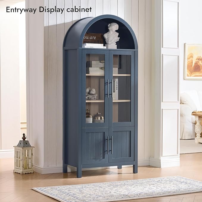 71" Tall Arched Display Cabinet, 5-Tier Bookshelf Modern Farmhouse Arched Bookcase with Glass Doors and Shelves, Wooden Pantry Storage Cabinet for Living Room, Office and Kitchen, Blue