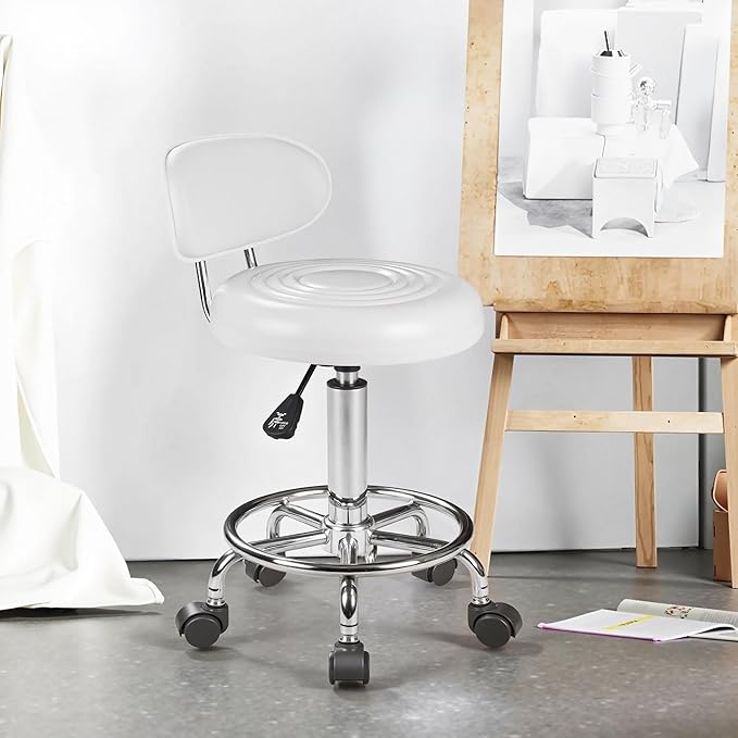 VECELO Home Office Desk Chair with Backrest & Wheels | PU Leather Rolling Office Chair for Drafting, Salon, Spa(White, with Back)
