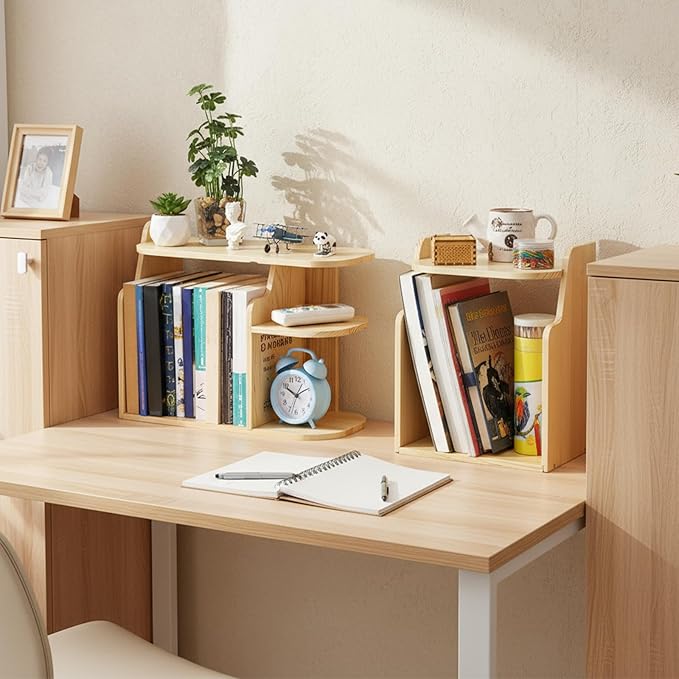 Desk Shelf Organizer, Adjustable Wood Desktop Organizers, Office Storage Rack, Small Tabletop Bookshelf, Freestanding Corner Display Shelf, Multi-Combination Desk Hutch for Dorm Home Study