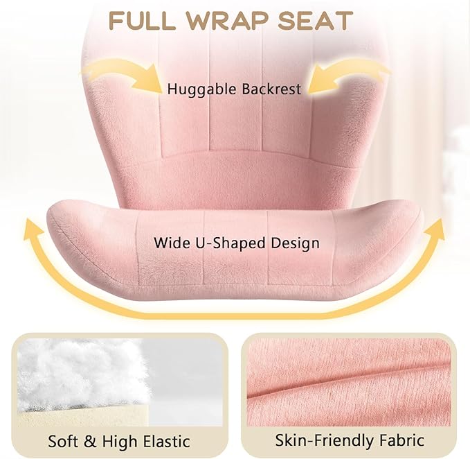ZZW Criss Cross Chair with Wheels, Wide Cross Legged Office Chair Armless Comfy Desk Chair with Tall Back Vanity Chairs with Stress Relief Curved Design Seat for Bedroom & Office & Home Pink