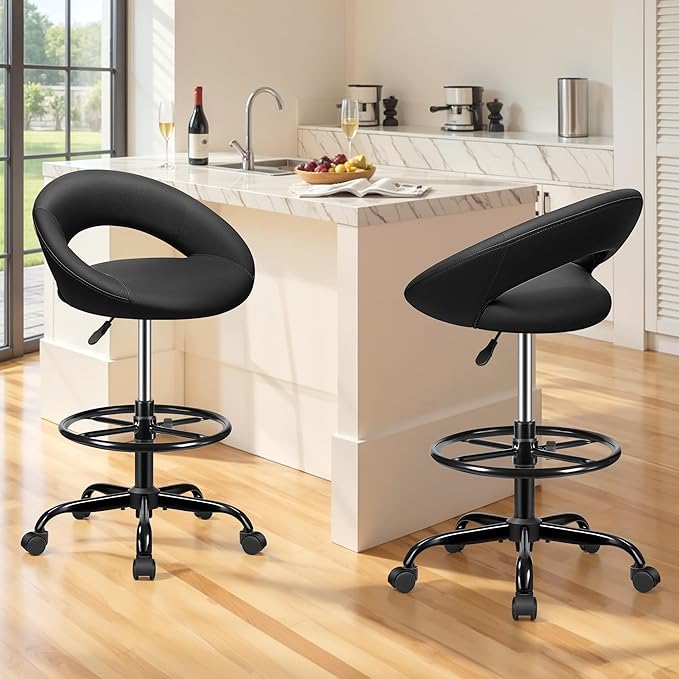 BESTFAIR Office Drafting Chair - Bar Stools with Back Support, Adjustable Foot Rest and Wheels, Shop Rolling Swivel Chair for Standing Desk Counter Kitchen Salon Home Vanity, Black 4 Pack