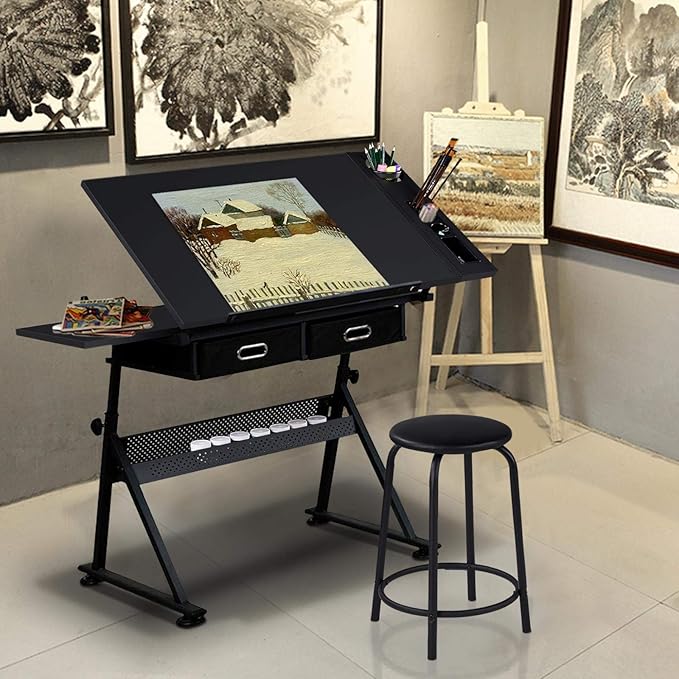 Topeakmart Drafting Table for Artists, Height Adjustable Drawing Draft Desk, Tiltable Tabletop, Art Craft Work Station with Extra Board for Diamond Painting Sewing Graphic Designere
