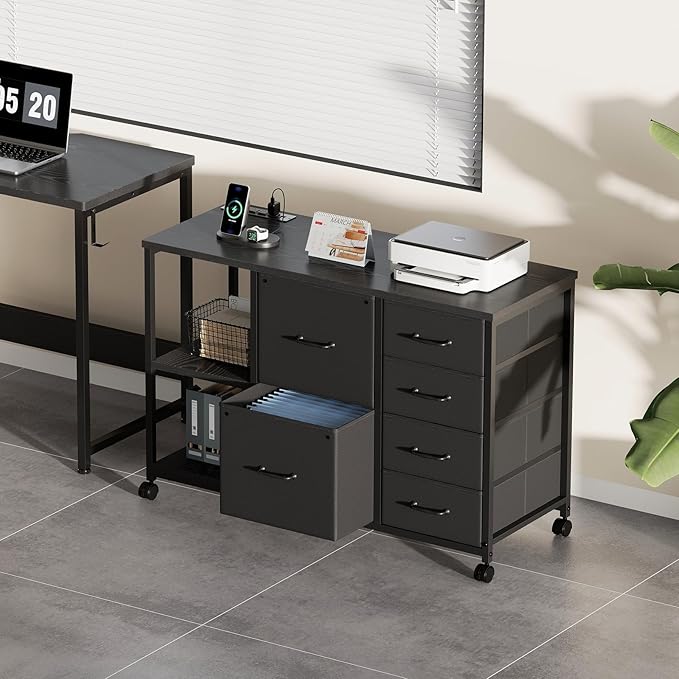 Maihail 6 Drawer File Cabinet with Charging Station Rolling Printer Stand with Open Storage Shelf Fabric Lateral Filing Cabinet for Home Office,Black