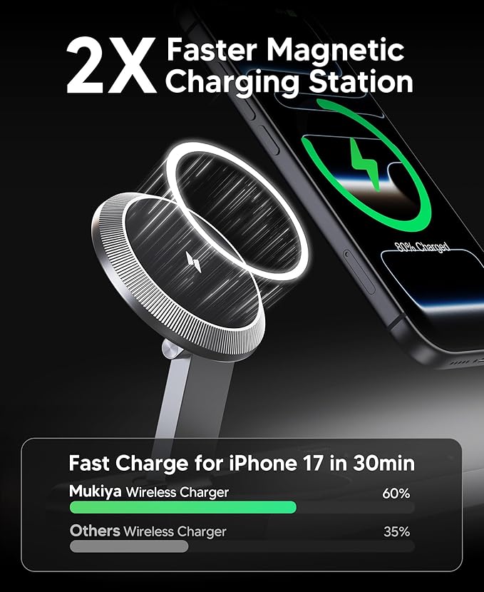 3 in 1 Magnetic Wireless Charging Station for Apple Devices,Foldable Wireless Charger Stand for Magsafe iPhone 17 Air 16/15/14/13/12,Apple Watch,AirPod,Wireless Charger Dock with Night Light