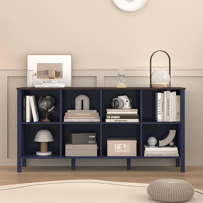 8-Cube Bookcase, Farmhouse Wooden Bookshelf Low Storage Organizer, 59" Horizontal Navy Blue Console with Legs, Hallway Book Case for Entryway, Display Cabinet for Living Room (Navy Blue, 8-Cube)