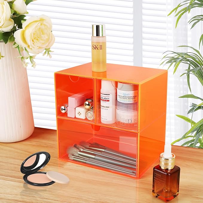 Gelite Desk Organizer with 3 Storage Drawers for Makeup Office Acrylic Desktop Drawer Organizer for Vanity Office Organization and Storage Box, Neon Orange