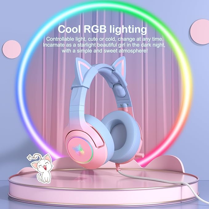 PHNIXGAM Gaming Headset for PS4, PS5, Cat Ear Headphones with Retractable Microphone, RGB Backlight, Surround Sound for PC, Mobile Phone, Gradient Pink Blue
