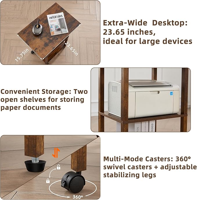 YUFAM 3 Tier Home Printer Stand with Storage, Wooden Mobile Printer Table Shelf, Rolling Printer Cart Shelf with Lockable Wheels fit Fax Machine, Scanner, Brown