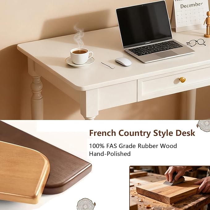 47.2in Country Desk and Chair Set, Home Office Computer Desk with Ergonomic Office Chair, Wooden White Writing Desk Study Table, for Bedroom, Office or Student Workstation(47.2'' x 23.6'' x 29.5'')