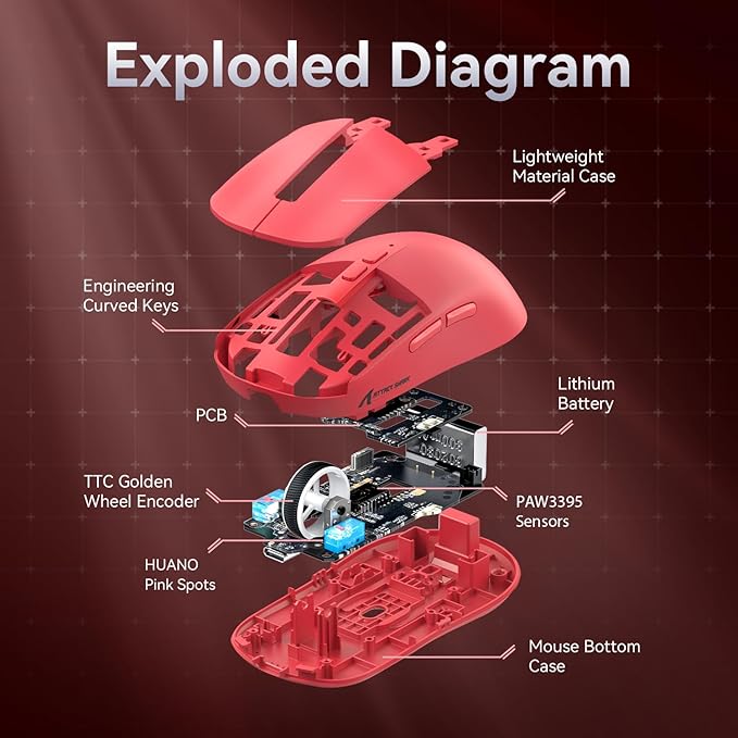 ATTACK SHARK X6 Lightweight Wireless Gaming Mouse with RGB Backlight Charging Base,Tri-Mode Wired/2.4GHz/BT5.2,26K DPI, PAW3395 Optical Sensor,HUANO Switch,5programmable Buttons,PC/Mac(Red)