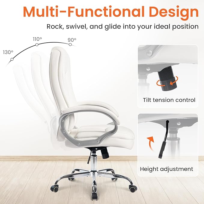 NEO Chair Office Desk Ergonomic Gaming Computer Chair High Back Adjustable PU Leather with Lumbar Support, Swivel Rolling Wheels, Executive Managerial Task Chair (White)
