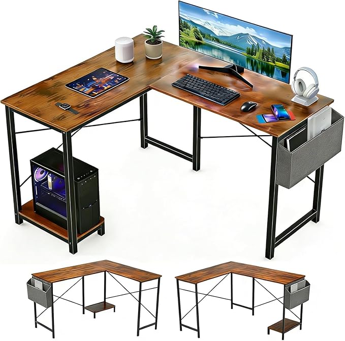 L Shaped Desk, 50 Inch Reversible Computer Desk Corner Gaming Table with CPU Stand & Storage Bag, Sturdy Metal Frame PC Workstation for Home Office, Brown Wood