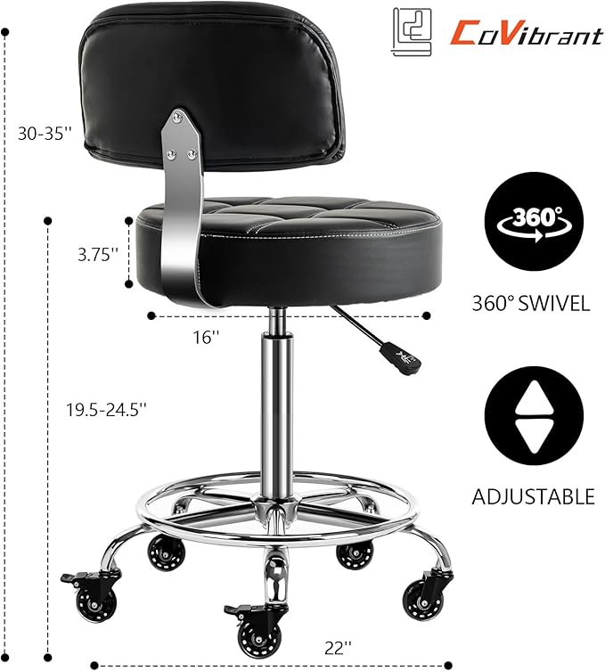 Lockable Stool with Back and Foot Rest Ergonomic Rolling Hydraulic Adjustable Stool for Doctor Esthetician Artist Home Small Office Desk (Black, 19.5''-24.5'')